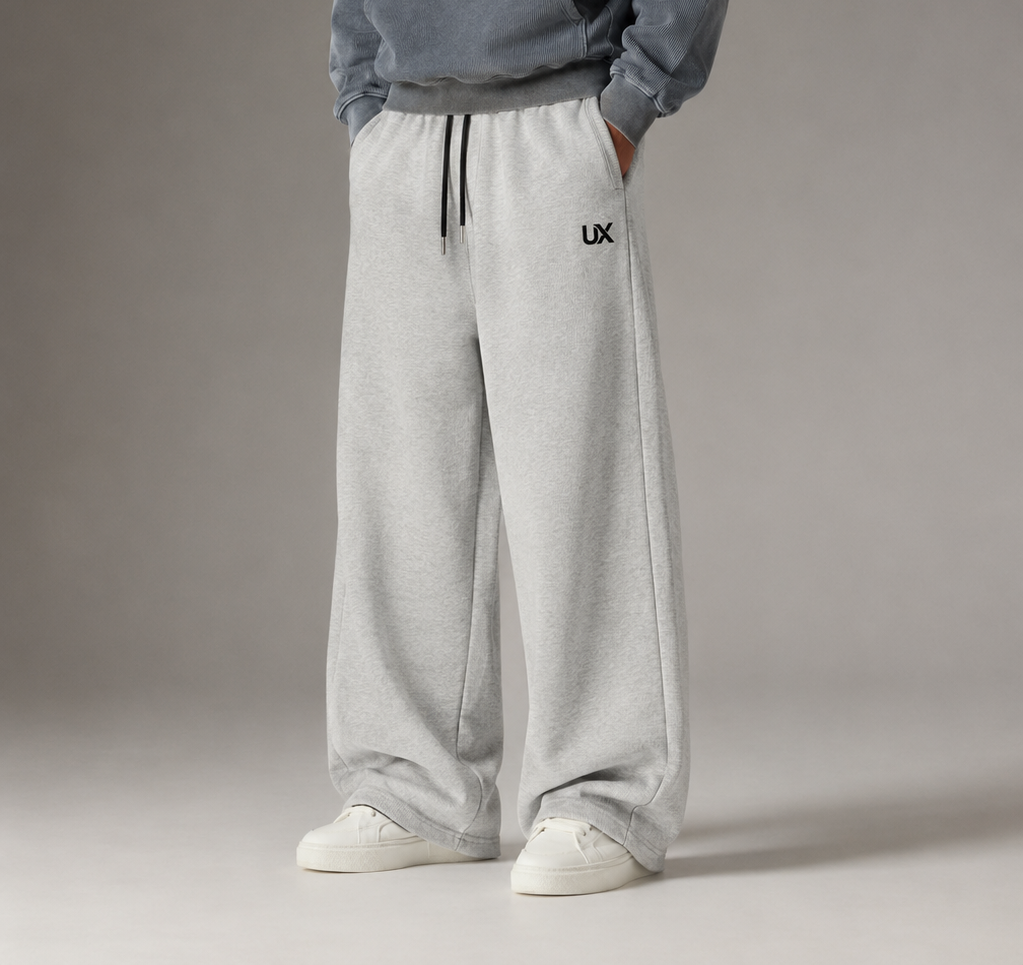UX heather grey wide-leg sweatpants, worn photo