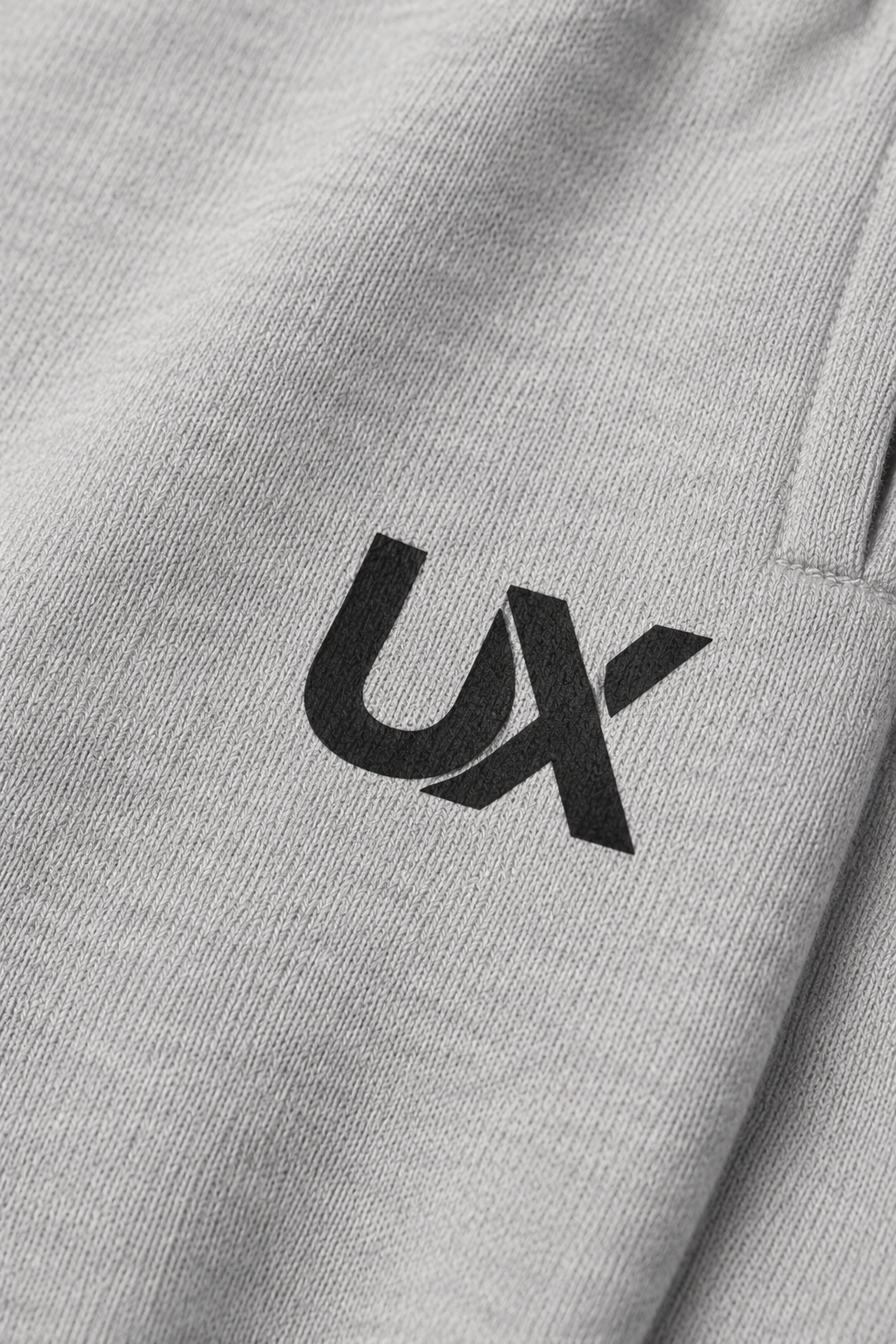 UX heather grey wide-leg sweatpants, fabric close-up