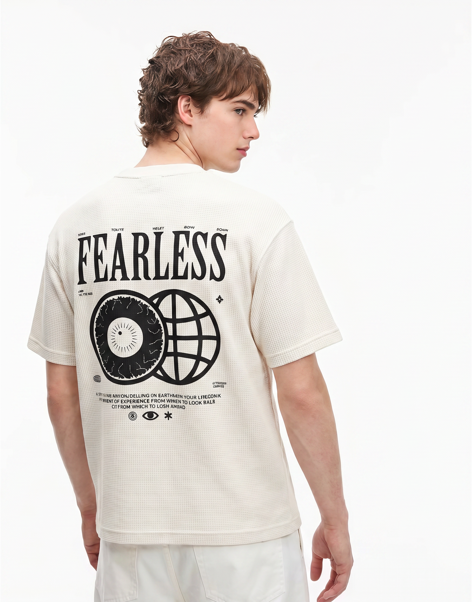 FEARLESS Boxy Fit Waffle T-Shirt – White, styled on model